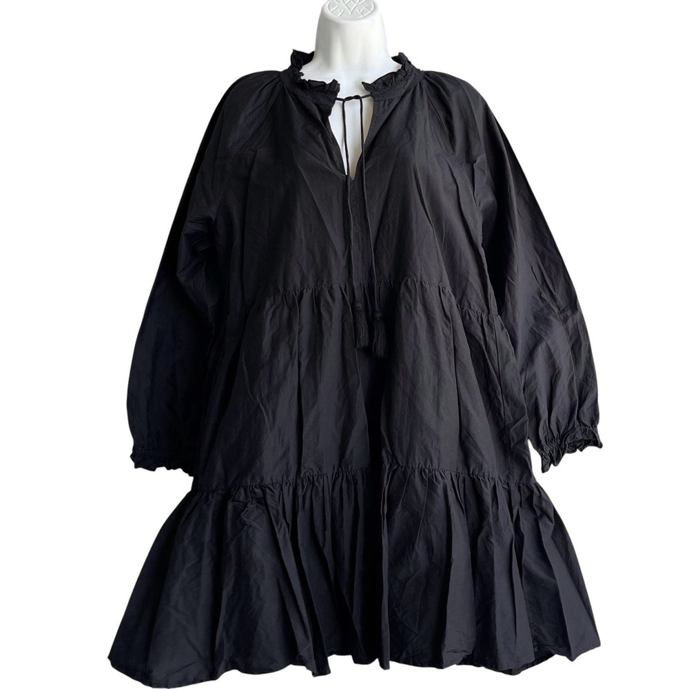 Roller Rabbit Janni Tiered Silk Blend Boho Dress Sz M Tassels Black Long Sleeve - Picture 2 of 4